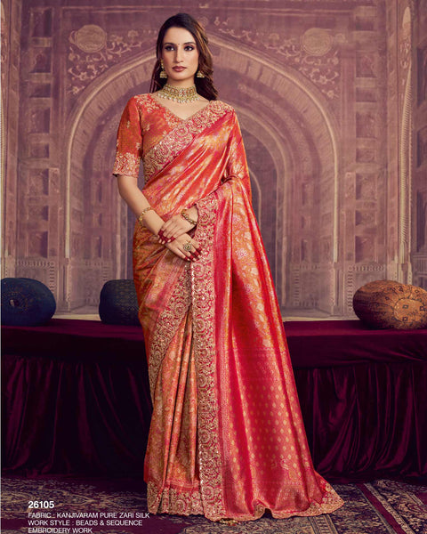 Pink Kanjivaram Silk Saree For Women With Embroidered Blouse