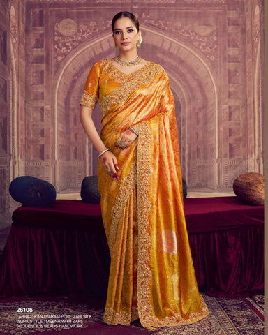 Saffron Gold Kanjivaram Silk Saree For Women With Embroidered Blouse