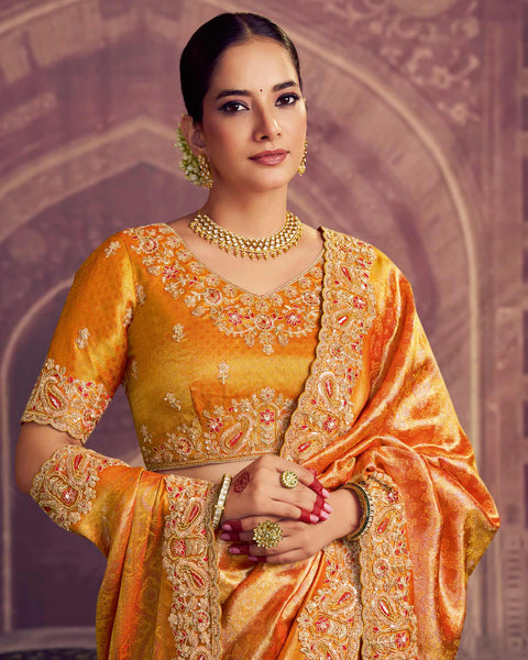 Saffron Gold Kanjivaram Silk Saree For Women With Embroidered Blouse
