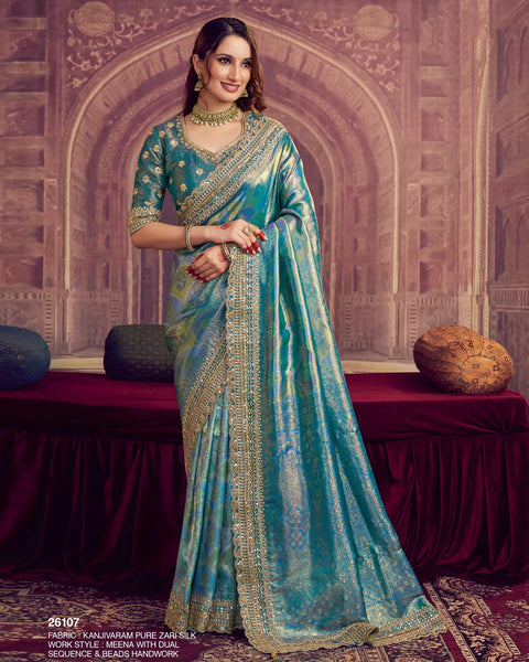 Blue Kanjivaram Silk Saree For Women With Embroidered Blouse