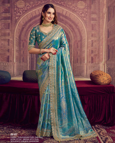 Blue Kanjivaram Silk Saree For Women With Embroidered Blouse