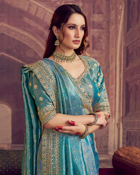 Blue Kanjivaram Silk Saree For Women With Embroidered Blouse