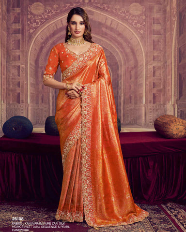 Orange Kanjivaram Silk Saree For Women With Embroidered Blouse