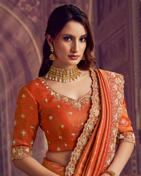 Orange Kanjivaram Silk Saree For Women With Embroidered Blouse