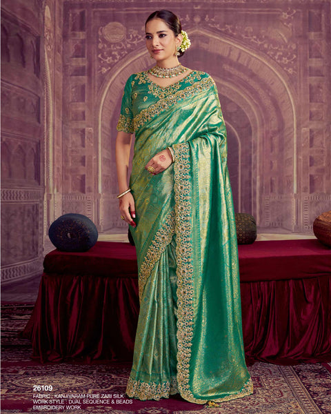 Rama Green Kanjivaram Silk Saree For Women With Embroidered Blouse