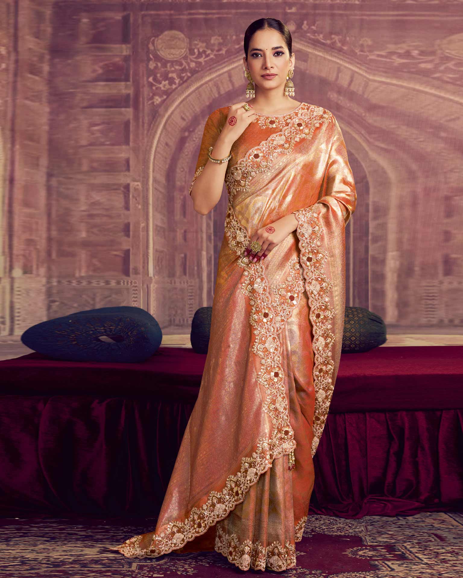 Rust Kanjivaram Silk Saree For Women With Embroidered Blouse