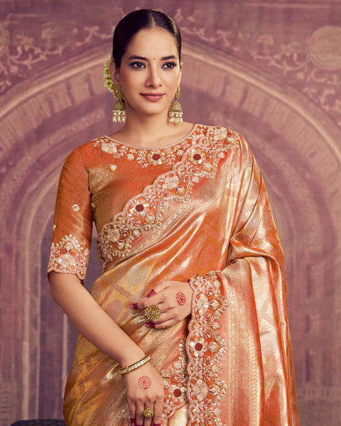 Rust Kanjivaram Silk Saree For Women With Embroidered Blouse