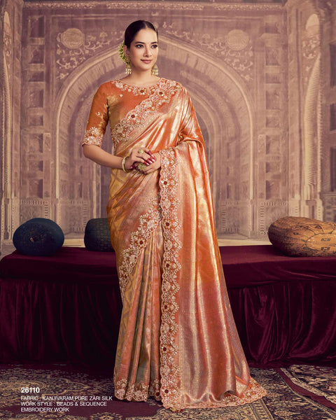 Rust Kanjivaram Silk Saree For Women With Embroidered Blouse