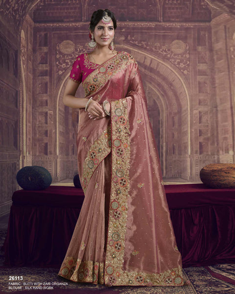 Peach Zari Organza Silk Saree For Women With Silk Blouse