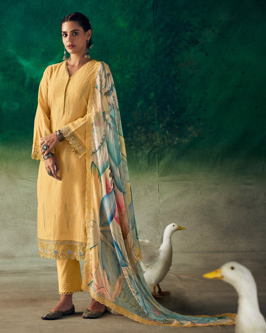 Yellow Musllin Cotton Plus Size Straight Pant Suit With Digital Print Dupatta