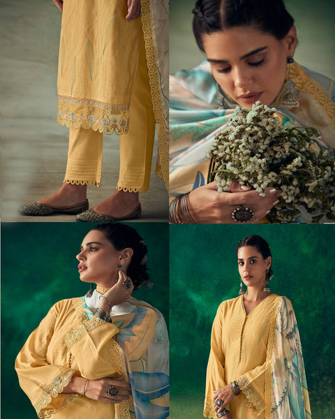 Yellow Musllin Cotton Plus Size Straight Pant Suit With Digital Print Dupatta