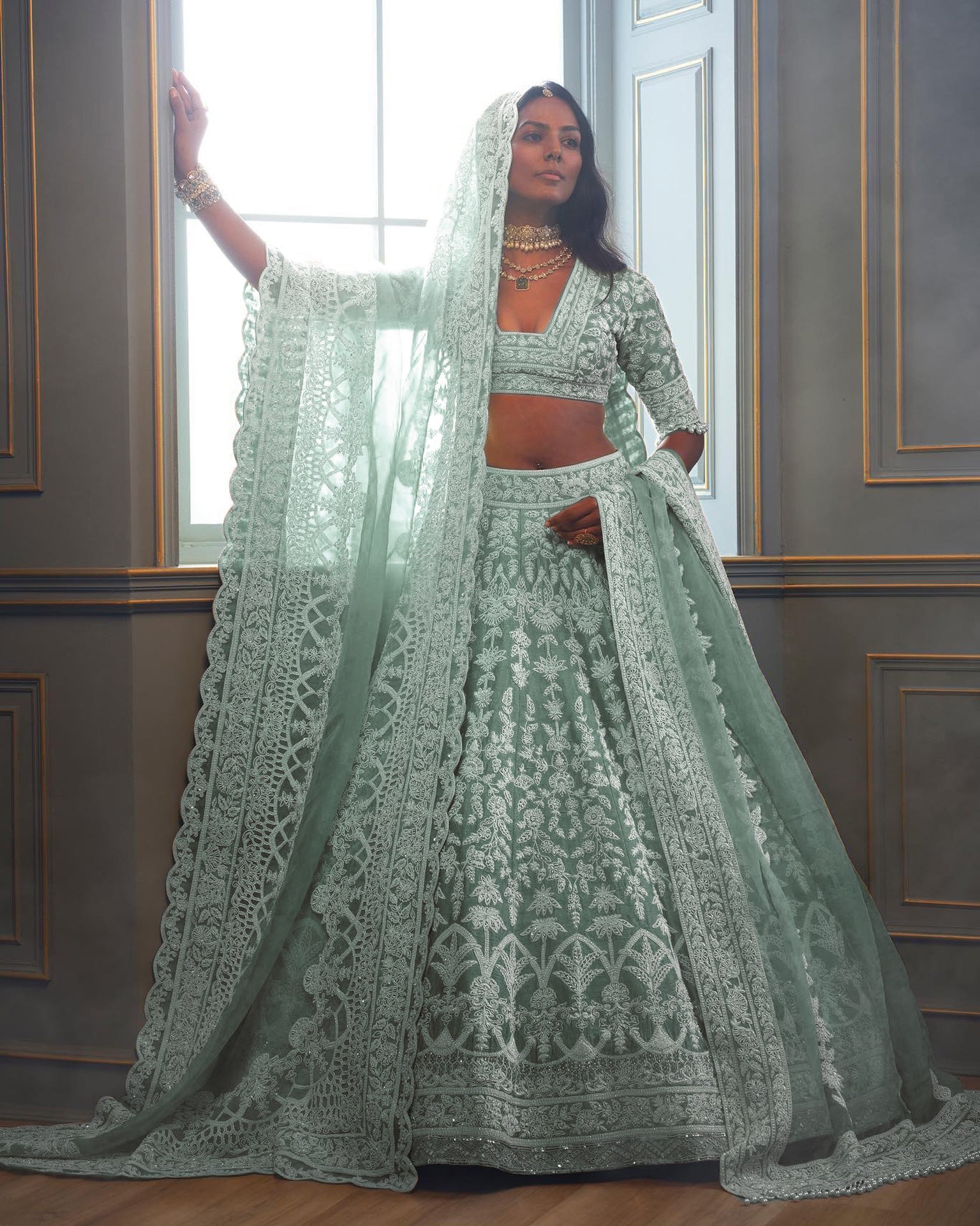 Sea Green Net Sequins & Dori Work Lehenga Choli With Net Embroidered Dupatta