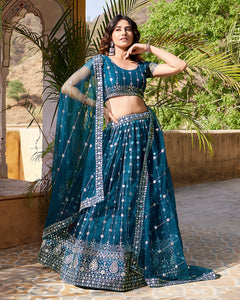 Teal Blue Net Sequins Work Lehenga Choli 