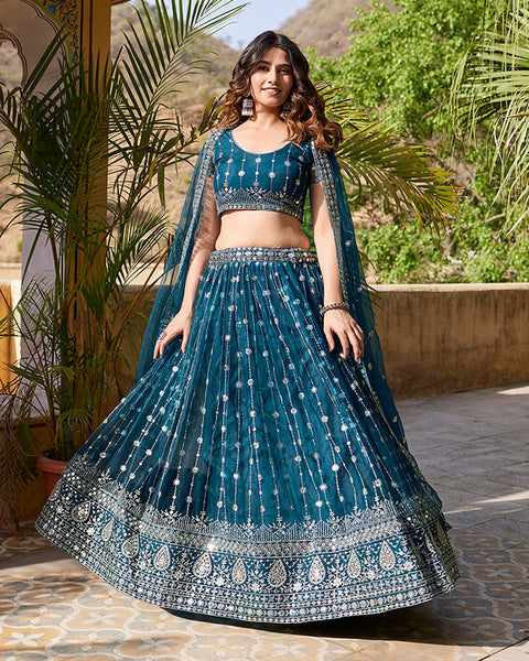 Teal Blue Net Sequins Work Lehenga Choli 