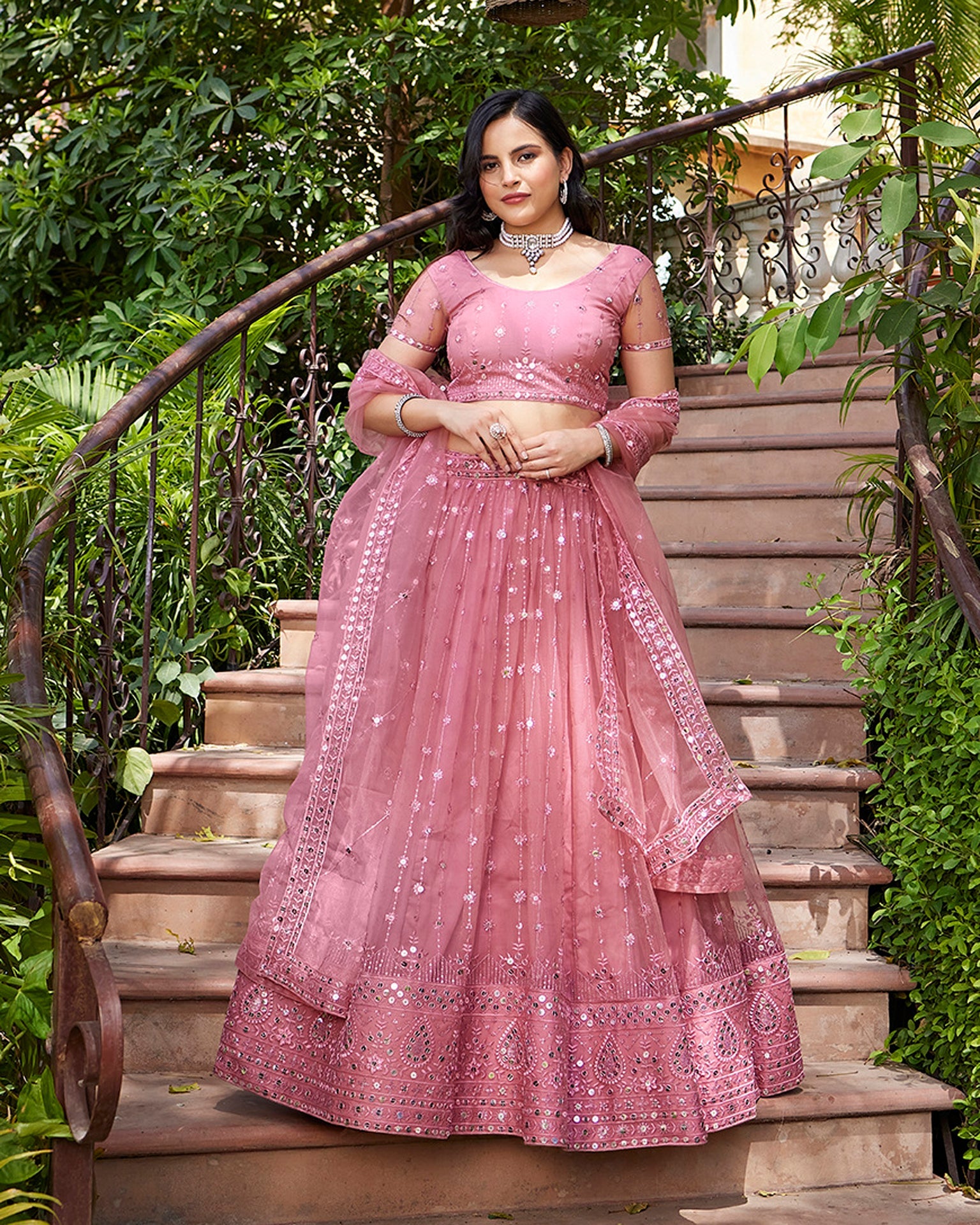 Pink Net Sequins Work Lehenga Choli 