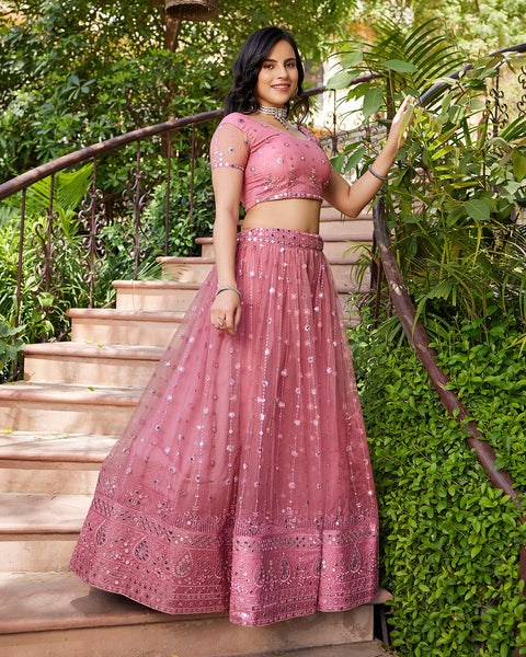 Pink Net Sequins Work Lehenga Choli 