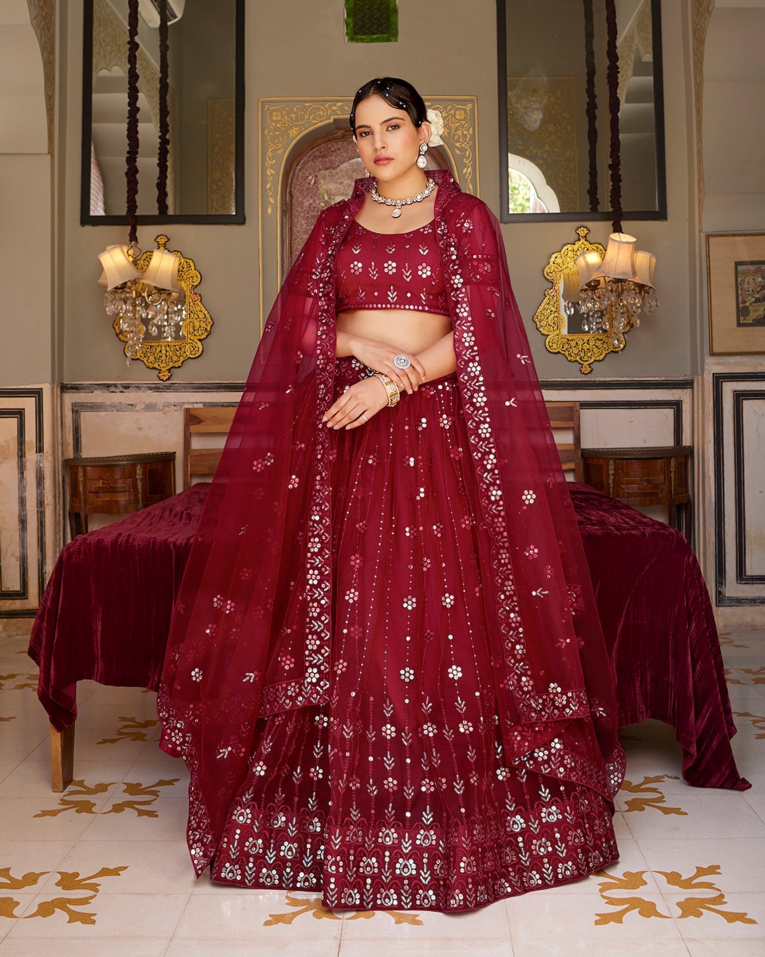 Maroon Net Sequins Work Lehenga Choli 