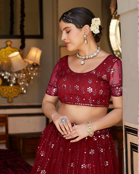 Maroon Net Sequins Work Lehenga Choli 