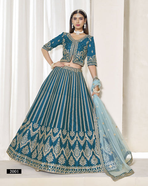 Blue Zari Sequins Work Art Silk Unstitched Women Lehenga Choli For Wedding