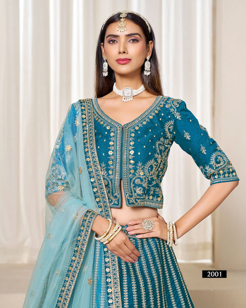 Blue Zari Sequins Work Art Silk Unstitched Women Lehenga Choli For Wedding