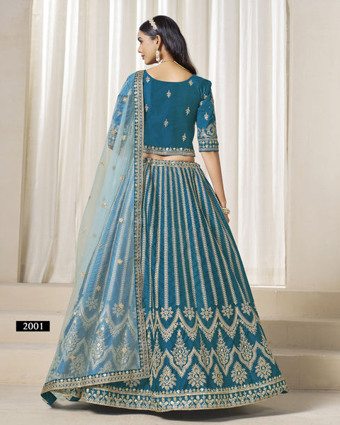 Blue Zari Sequins Work Art Silk Unstitched Women Lehenga Choli For Wedding