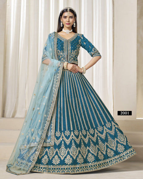 Blue Zari Sequins Work Art Silk Unstitched Women Lehenga Choli For Wedding