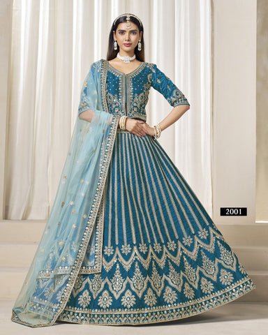 Blue Zari Sequins Work Art Silk Unstitched Women Lehenga Choli For Wedding