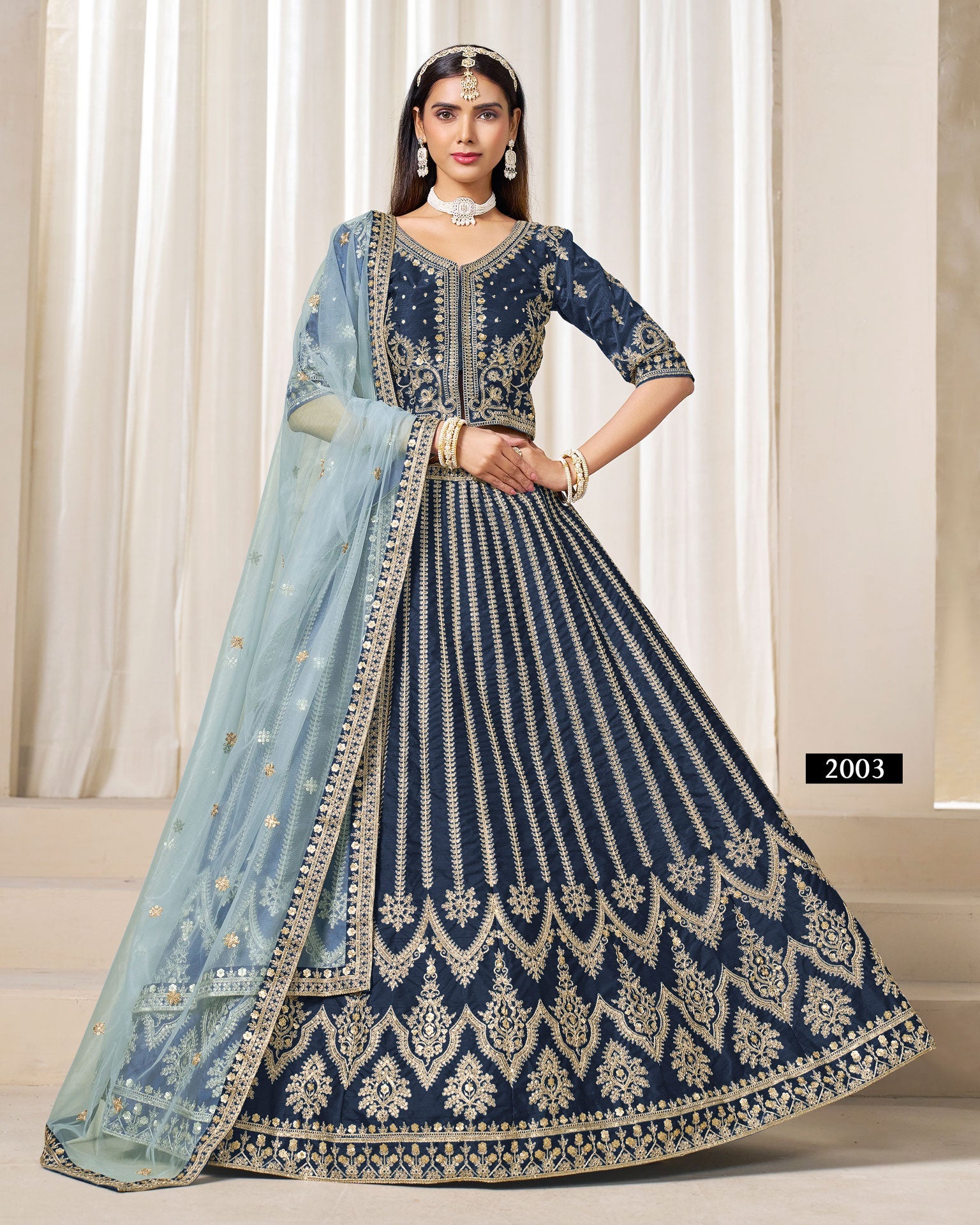 Navy Blue Zari Sequins Work Art Silk Unstitched Women Lehenga Choli For Wedding