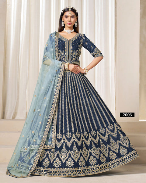 Navy Blue Zari Sequins Work Art Silk Unstitched Women Lehenga Choli For Wedding