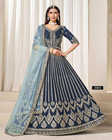 Navy Blue Zari Sequins Work Art Silk Unstitched Women Lehenga Choli For Wedding