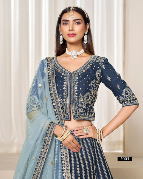 Navy Blue Zari Sequins Work Art Silk Unstitched Women Lehenga Choli For Wedding