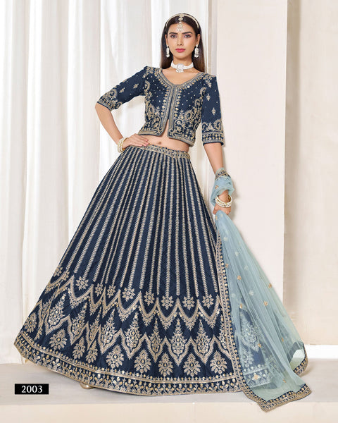 Navy Blue Zari Sequins Work Art Silk Unstitched Women Lehenga Choli For Wedding