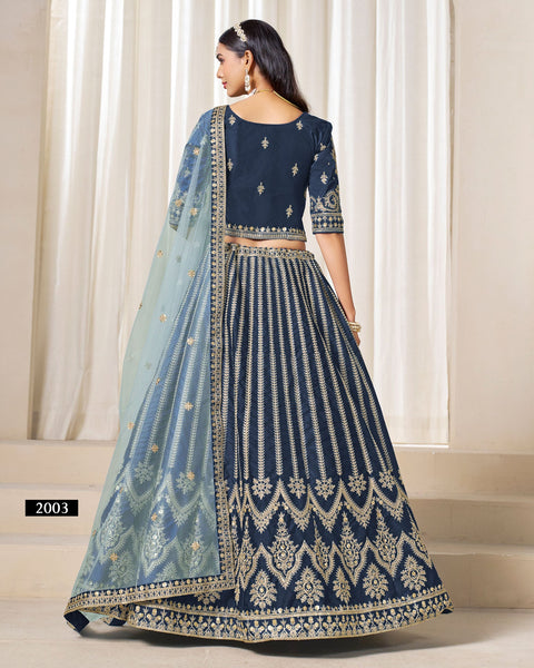 Navy Blue Zari Sequins Work Art Silk Unstitched Women Lehenga Choli For Wedding