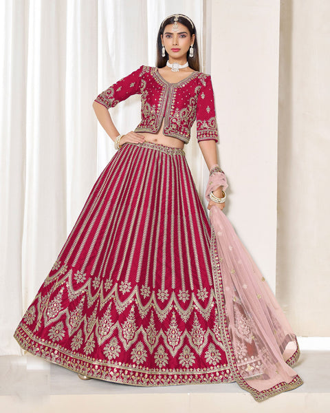 Red Zari Sequins Work Art Silk Unstitched Women Lehenga Choli For Wedding