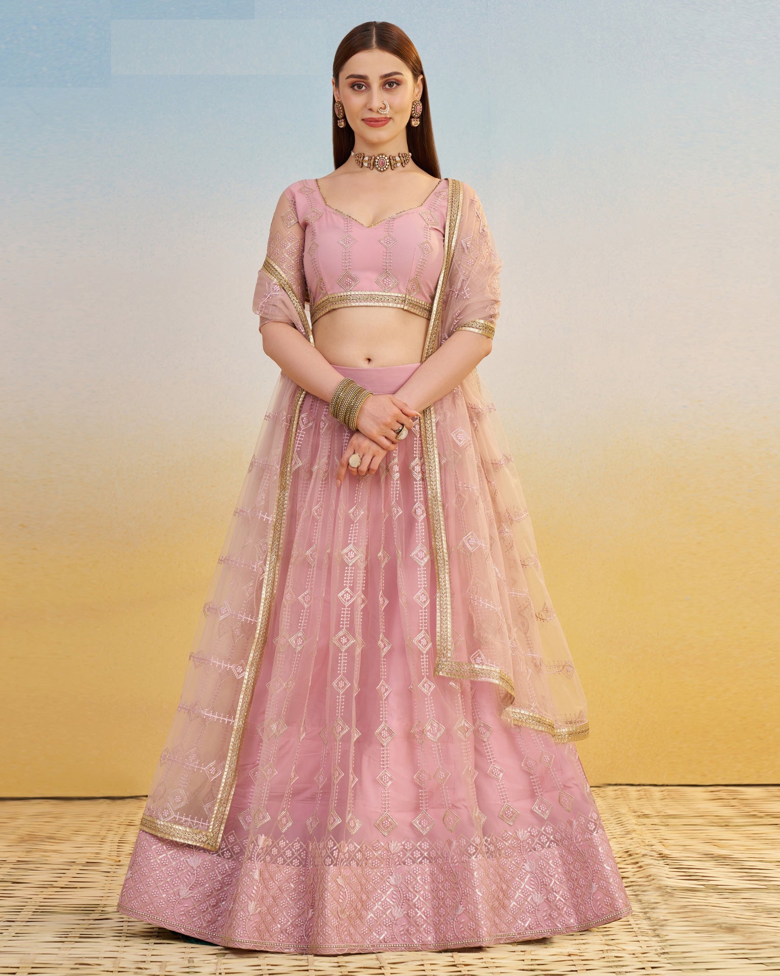 Pink Thread & Sequins Work Customized Women Net Lehenga Choli With Embroidered Dupatta