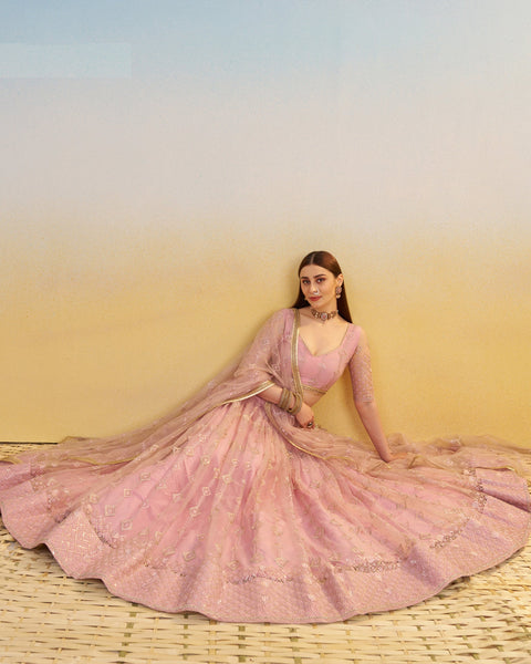 Pink Thread & Sequins Work Customized Women Net Lehenga Choli With Embroidered Dupatta