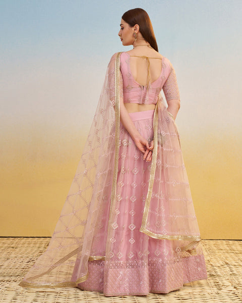 Pink Thread & Sequins Work Customized Women Net Lehenga Choli With Embroidered Dupatta