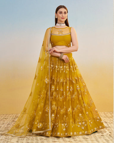 Mustard Yellow Thread & Sequins Work Customized Women Net Lehenga Choli With Embroidered Dupatta
