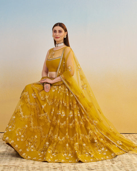 Mustard Yellow Thread & Sequins Work Customized Women Net Lehenga Choli With Embroidered Dupatta