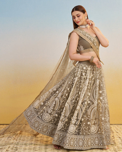 Ivory Thread & Sequins Work Customized Women Net Lehenga Choli With Embroidered Dupatta