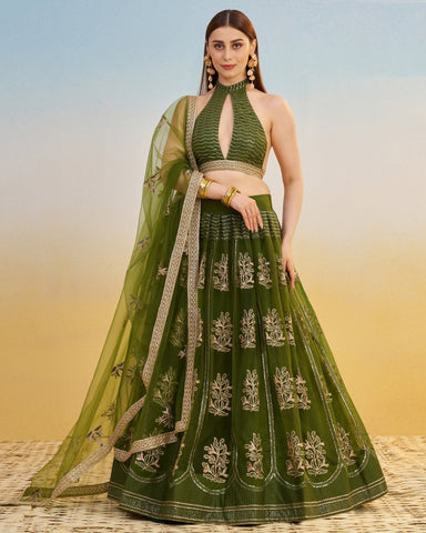 Mehandi Green Thread & Sequins Work Customized Women Net Lehenga Choli With Embroidered Dupatta