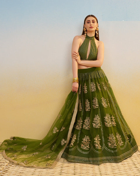 Mehandi Green Thread & Sequins Work Customized Women Net Lehenga Choli With Embroidered Dupatta