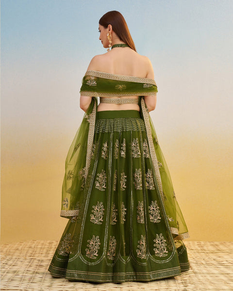 Mehandi Green Thread & Sequins Work Customized Women Net Lehenga Choli With Embroidered Dupatta