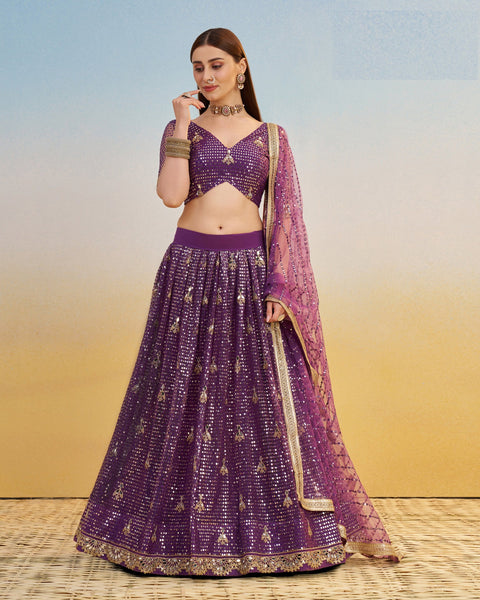 Dark Purple Thread & Sequins Work Customized Women Net Lehenga Choli With Embroidered Dupatta