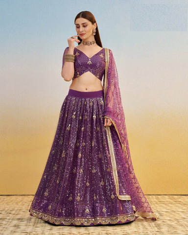 Dark Purple Thread & Sequins Work Customized Women Net Lehenga Choli With Embroidered Dupatta