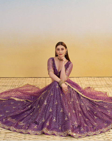 Dark Purple Thread & Sequins Work Customized Women Net Lehenga Choli With Embroidered Dupatta