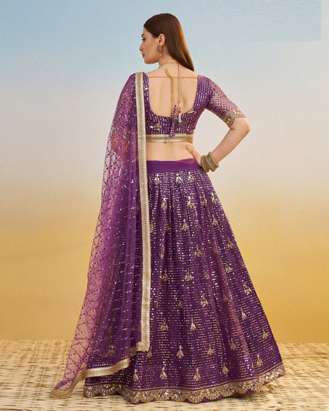 Dark Purple Thread & Sequins Work Customized Women Net Lehenga Choli With Embroidered Dupatta