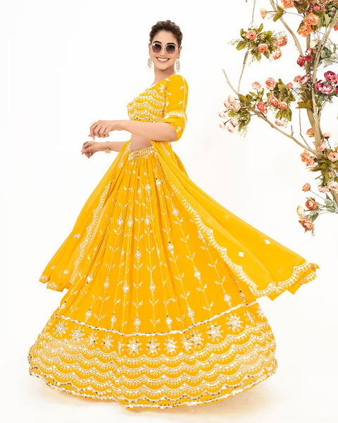 Yellow Sequins Work Georgette Lehenga Choli With Embroidered Yellow Dupatta