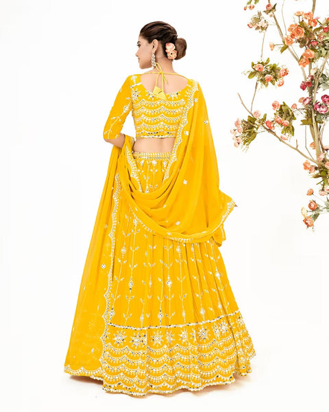 Yellow Sequins Work Georgette Lehenga Choli With Embroidered Yellow Dupatta