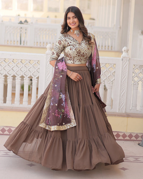 Brown Faux Georgette Sequins Embroidered Lehenga Choli With Digital Print Dupatta